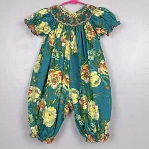 Le’ Za Me green yellow orange smocked full length balloon jumper, size 12 mos.